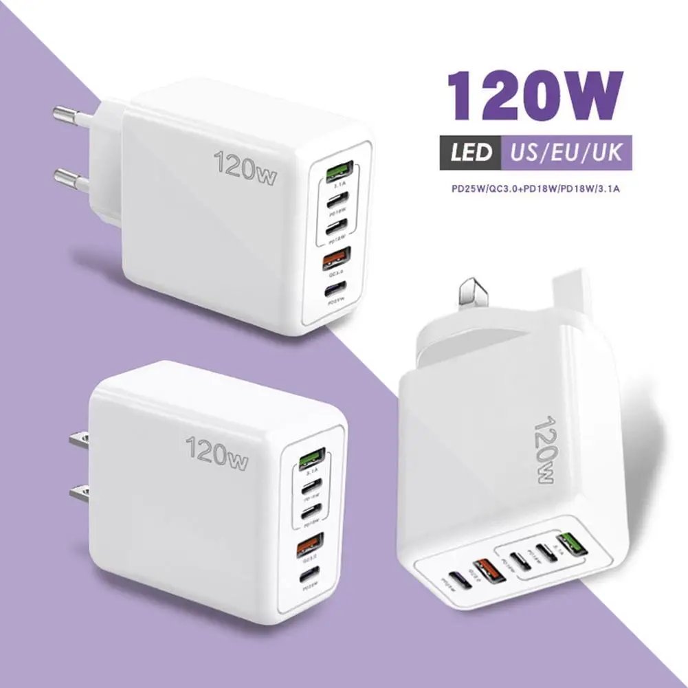 

120W 3PD Ports +2USB Ports Mobile Phone Charger Multi Port Fast Charging USB C Charger US/UK/EU Plug For Samsung IPhone Charger