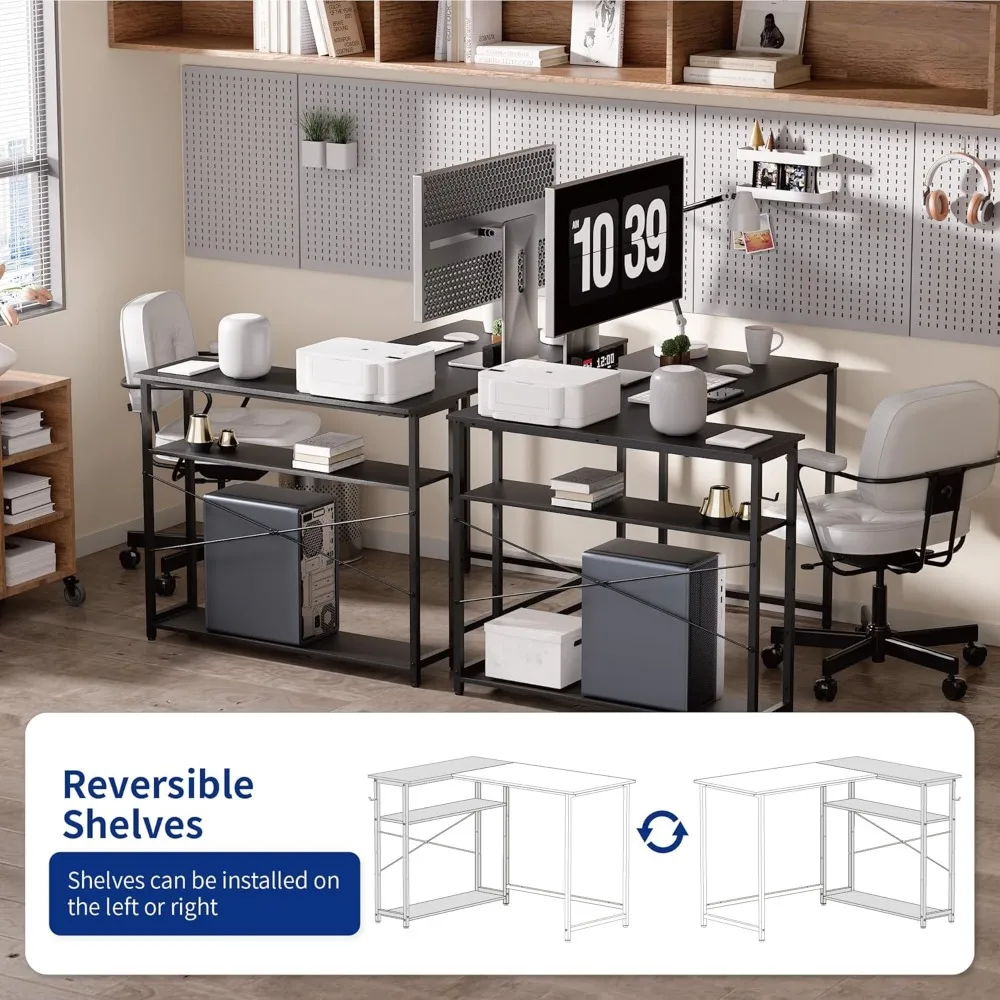 L-Shaped 43 Inch Computer Desk with Reversible Side Storage for Small Spaces, Home Office Writing Desk with Corner Space Efficie