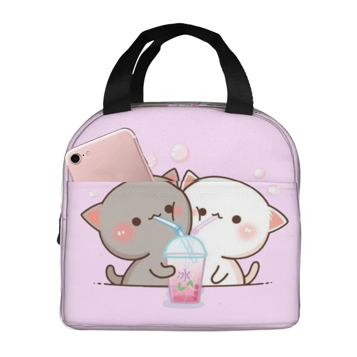 Couple Mochi Cat Peach And Goma Insulated Lunch Bags for Women Resuable Thermal Cooler Bento Box Outdoor Camping Travel