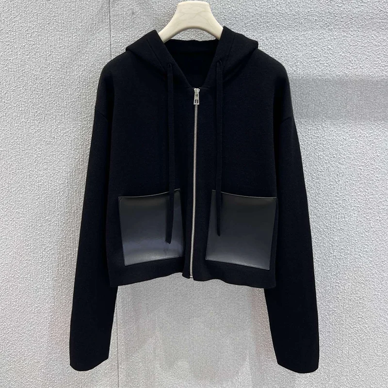 

Высококачественная женская шерстяная толстовка с капюшоном и прошитыми кожаными карманами, простой женский вязаный кардиган-свитер 25121820