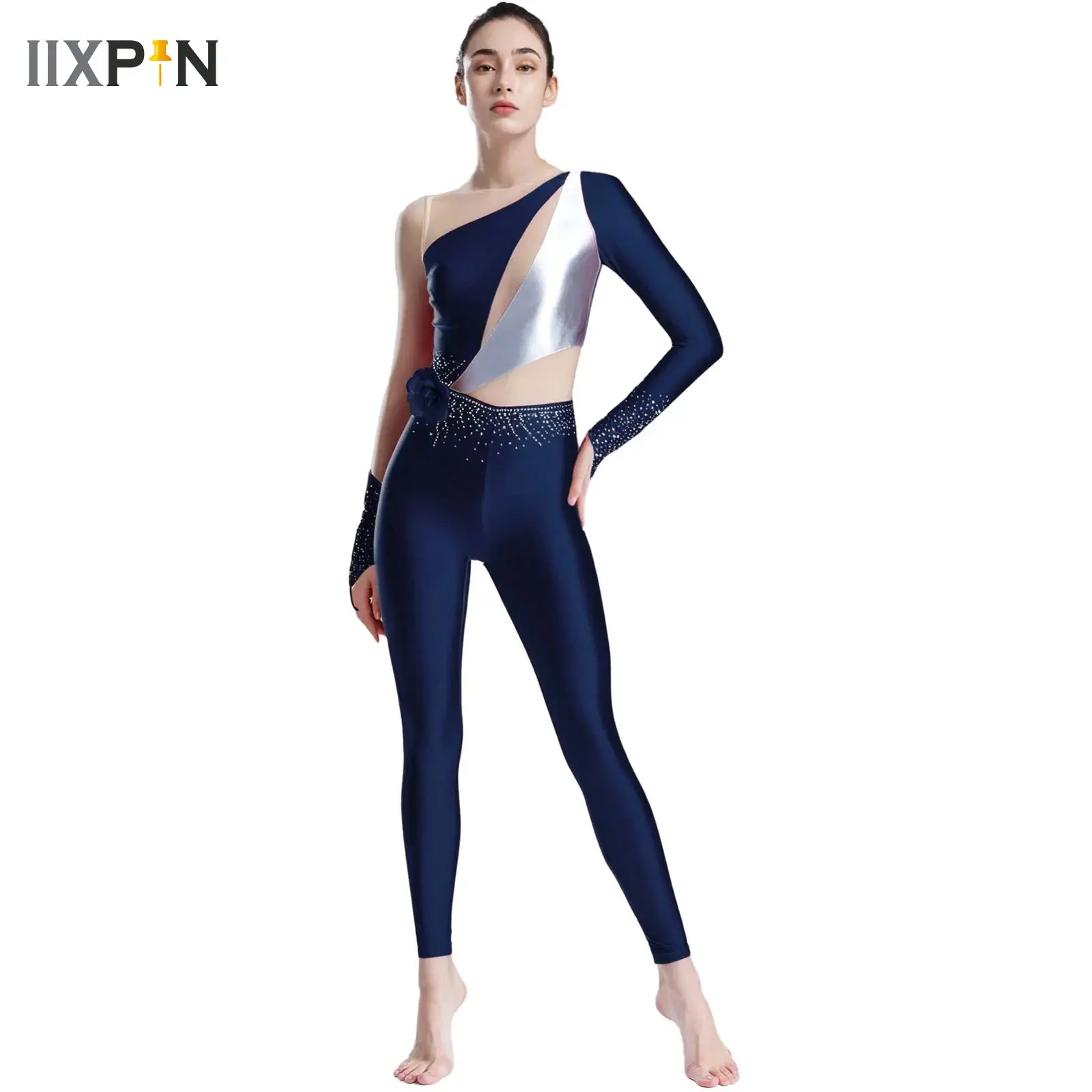 Women Acrobatics Gymnastics Leotard Romper Shiny Rhinestone One Piece Unitard Figure Skating Ballet Costume Long Sleeve Jumpsuit