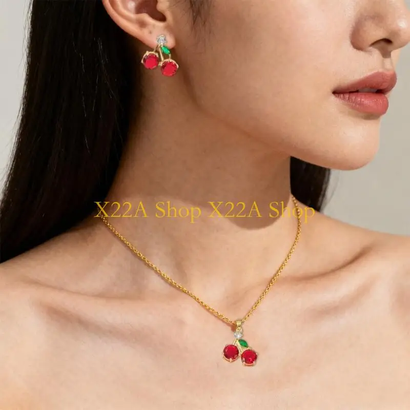 Unique Modern Women’s Red Zircon Cherry Jewelry Matching Necklace Earrings Fashionable