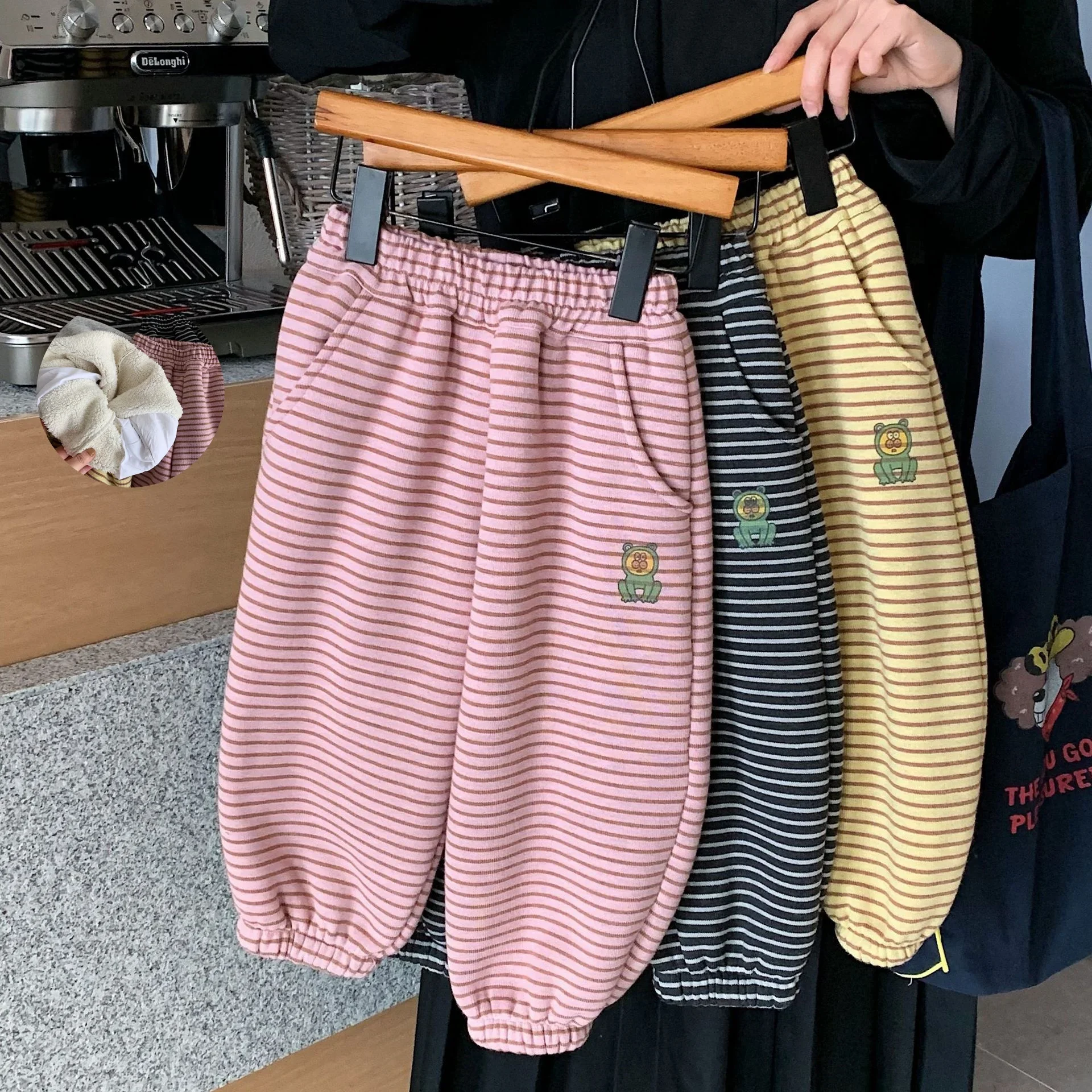 

2-7Y Kids Fleece Lined Striped Pants Cartoon Korean Children's Clothes 2025 Boys Girls Cute Winter Warm Elastic Cuff Trousers