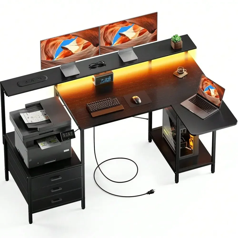 L Shaped Computer Desk With LED Lights, Power Outlets USB Charging Ports, Home Office Desk With Storage Drawers Open Shelves, S
