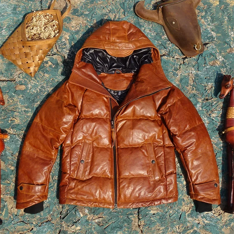 Hooded Oblique Zipper Horseshoe Sleeves Imported Wax Beeswax Color To Make Old Horse Skin Leather Men's Down Jacket.