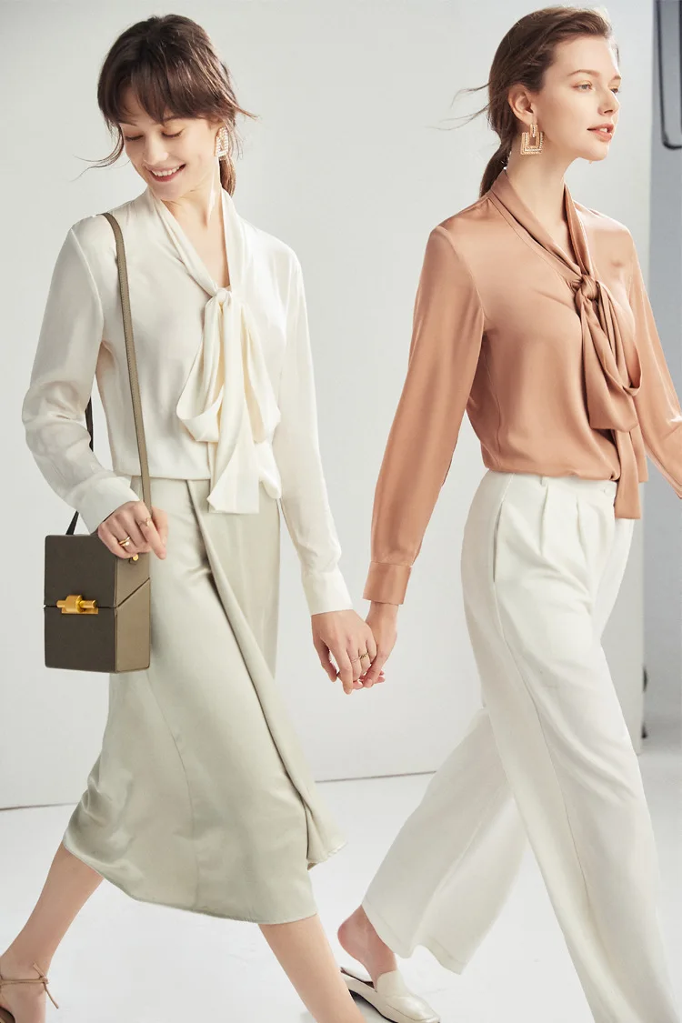 Camicia di seta da donna spessa con fiocco lungo 2025 Primavera ed estate Nuova camicia di design con lacci in seta di gelso Top a maniche lunghe