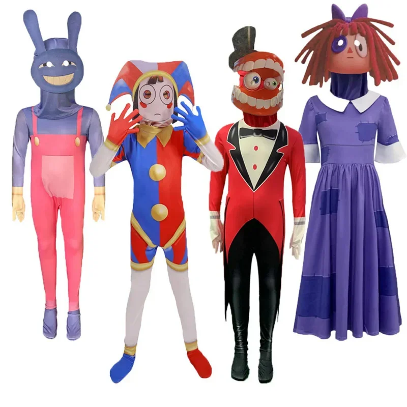 EE01 Animal Digital Circus Cosplay costume Pomni Caine Jax Disguise Full Set Jumpsuit for Adult Kids Halloween Carnival PartIo0！