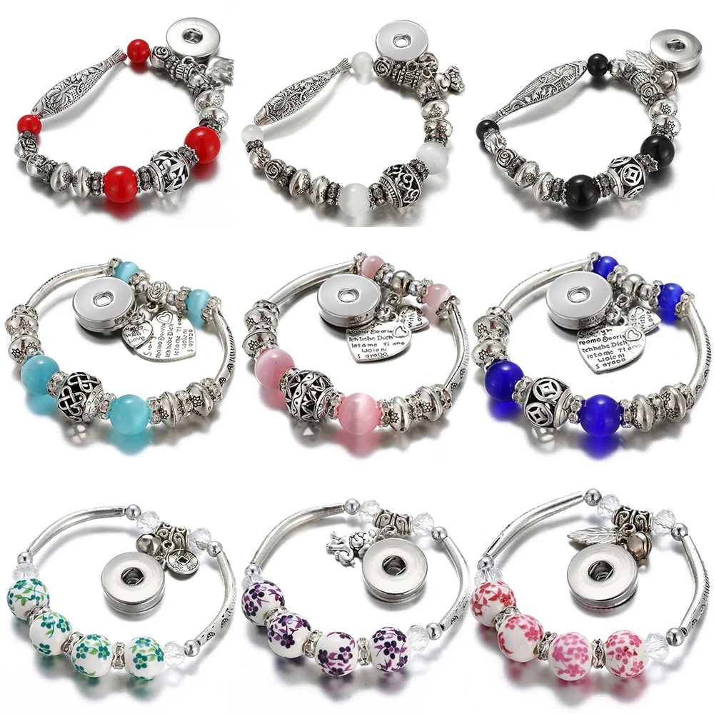 Vintage Silver plated Beads Glass Cat's eyeballs beads snap bracelet resilient bangle fit 18mm snap buttons DIY jewelry