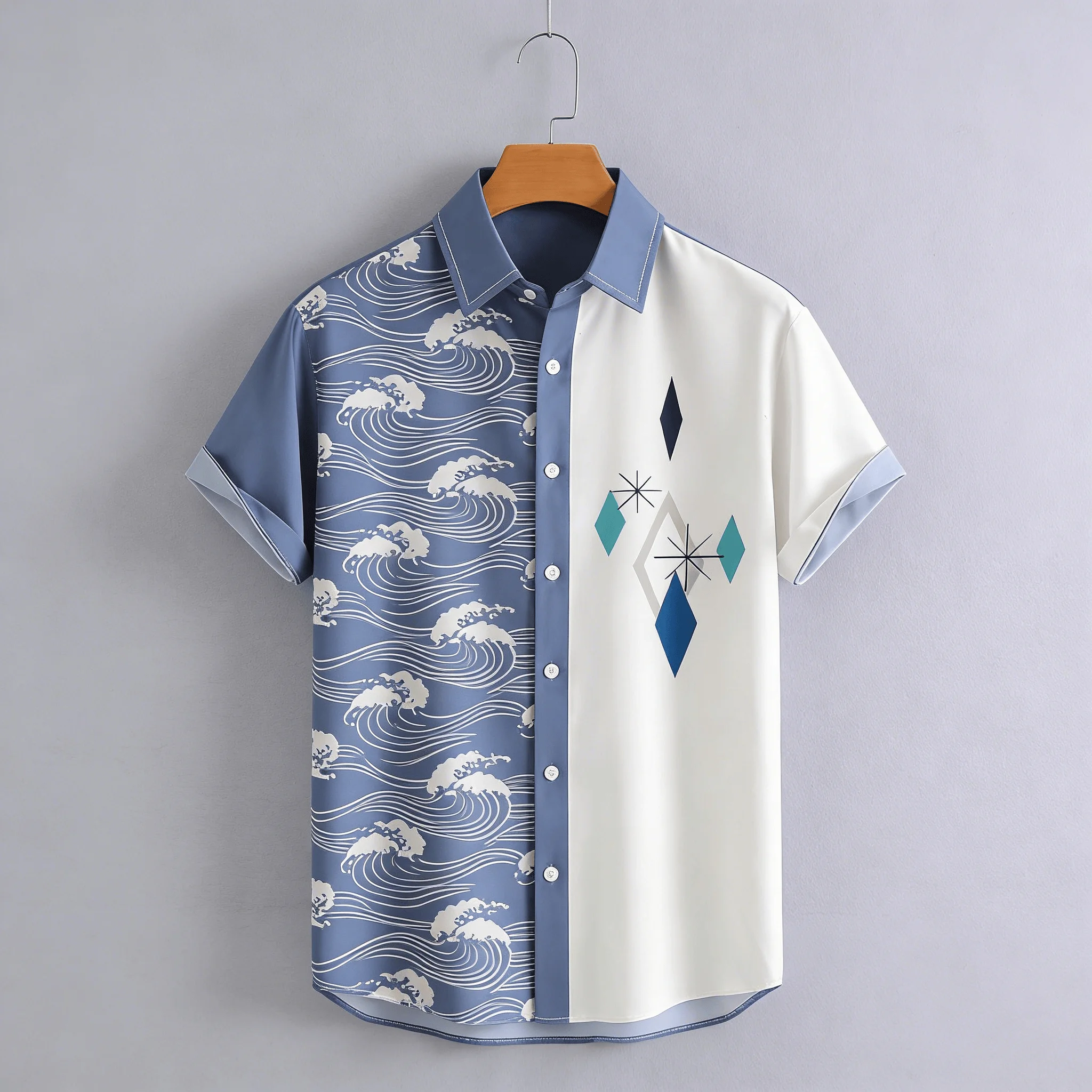 

Men's Split Design Wave & Geometric Print Short Sleeve Shirt, Japanese Style Button Down for Spring Summer Casual