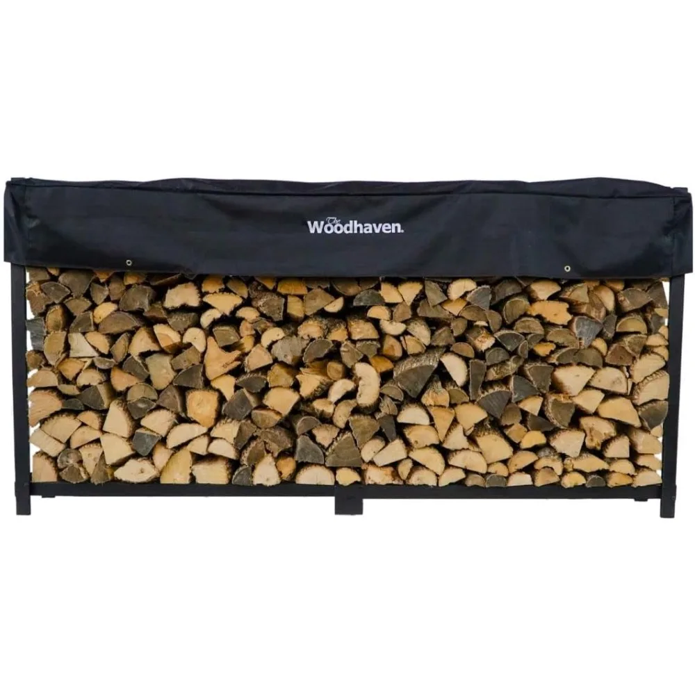 8 Foot 1/2 Cord Firewood Log Rack With Optional Cover Outdoor Black Texture Powder Coat Finish Made With Heavy Duty Steel