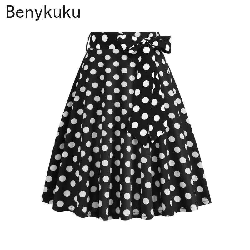 Red High Waist Polka Dot Print Belted Flare Swing Skirt for Women 2024 Summer New in Rockabilly Pinup Vintage Clothes Korean