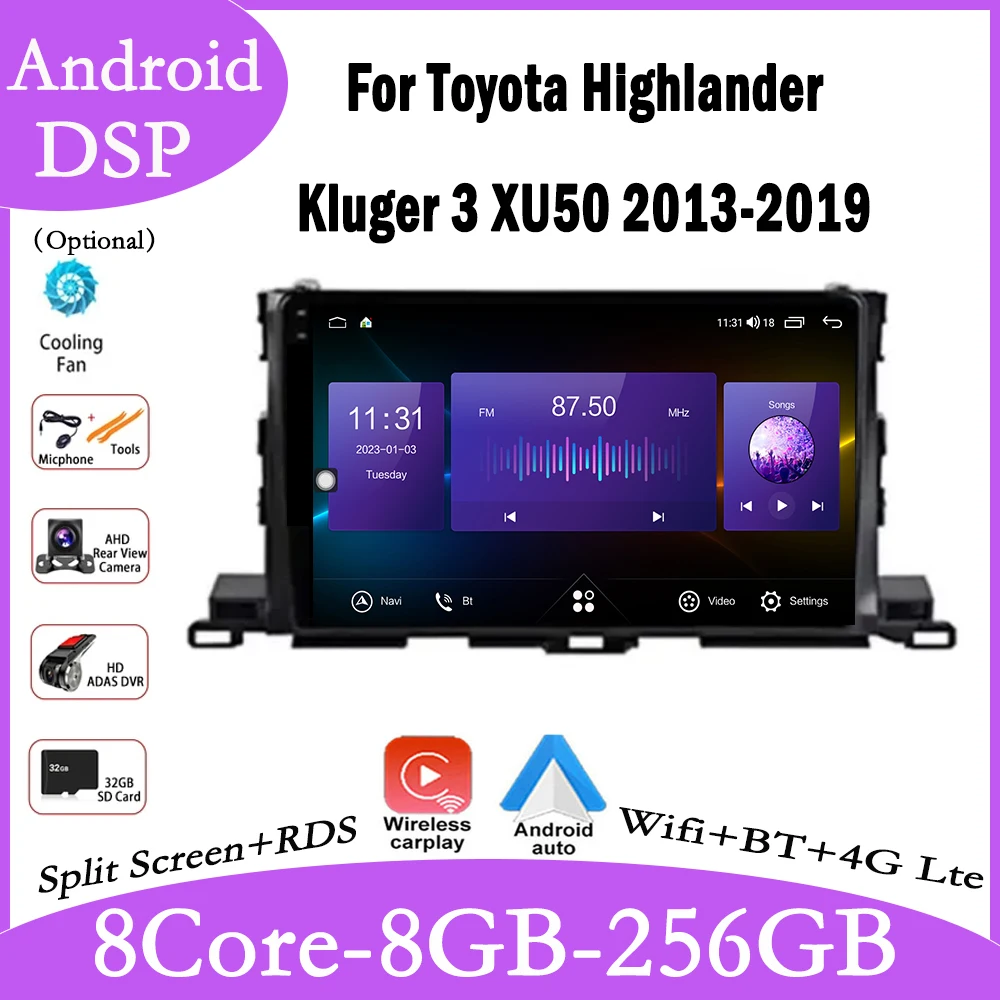 

Android 14 для Toyota Highlander Kluger 3 XU50 2013-2019, автомобильный аудиоплеер, автомагнитола, видео, мультимедийная стереоголовка Carplay