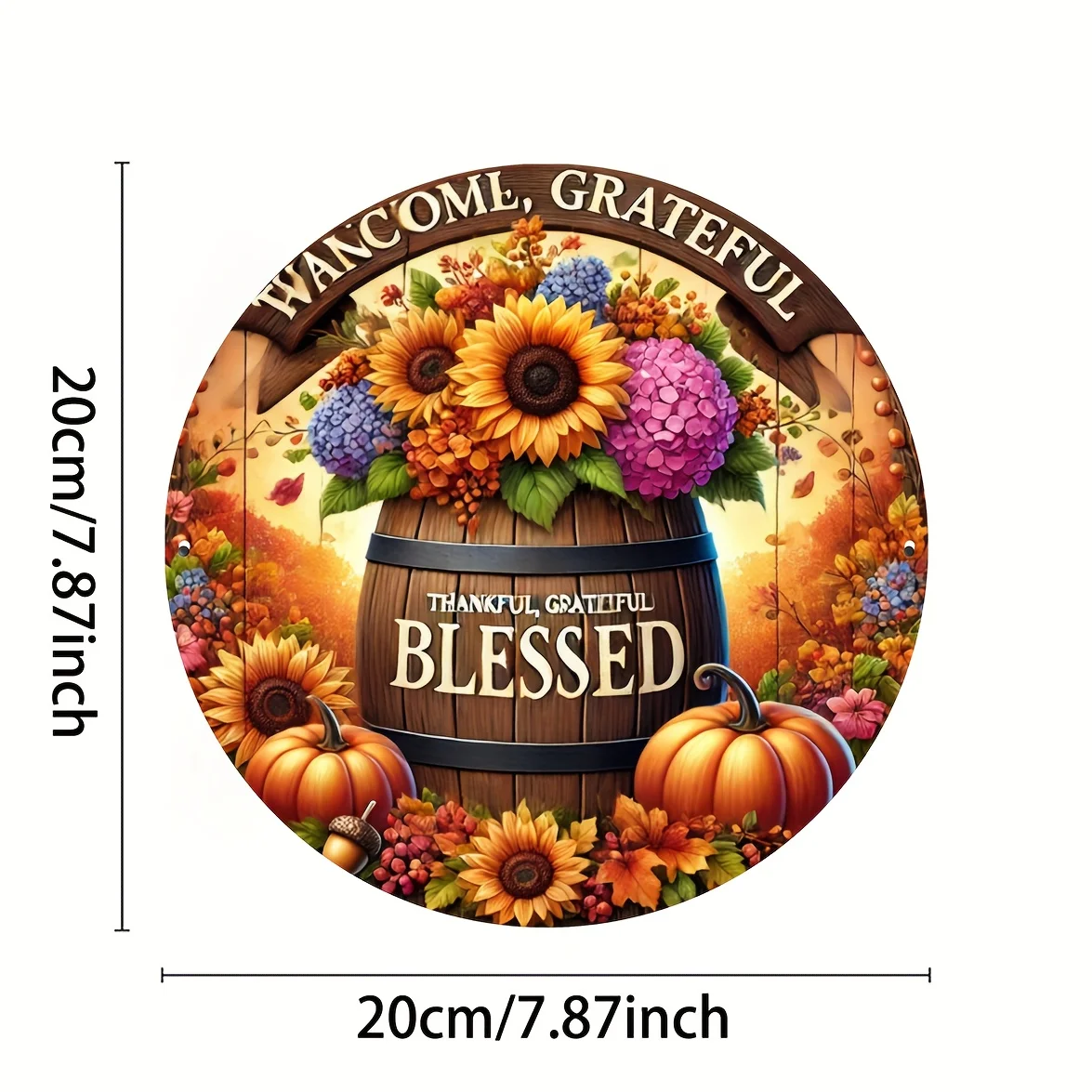 Rustic Iron Decorative Sign - 'Thankful, Grateful, Blessed' with Hydrangea and Sunflower Design - 7.87x7.87 Inches Wall Decor fo