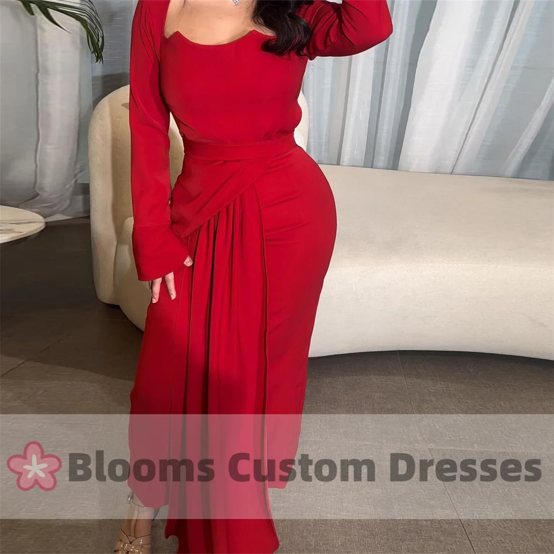 

Blooms Red Long Sleeves Prom Dress Ruched Back Slit Modern Party Gown Wedding Arabia Evening Dresses Formal Party Gown