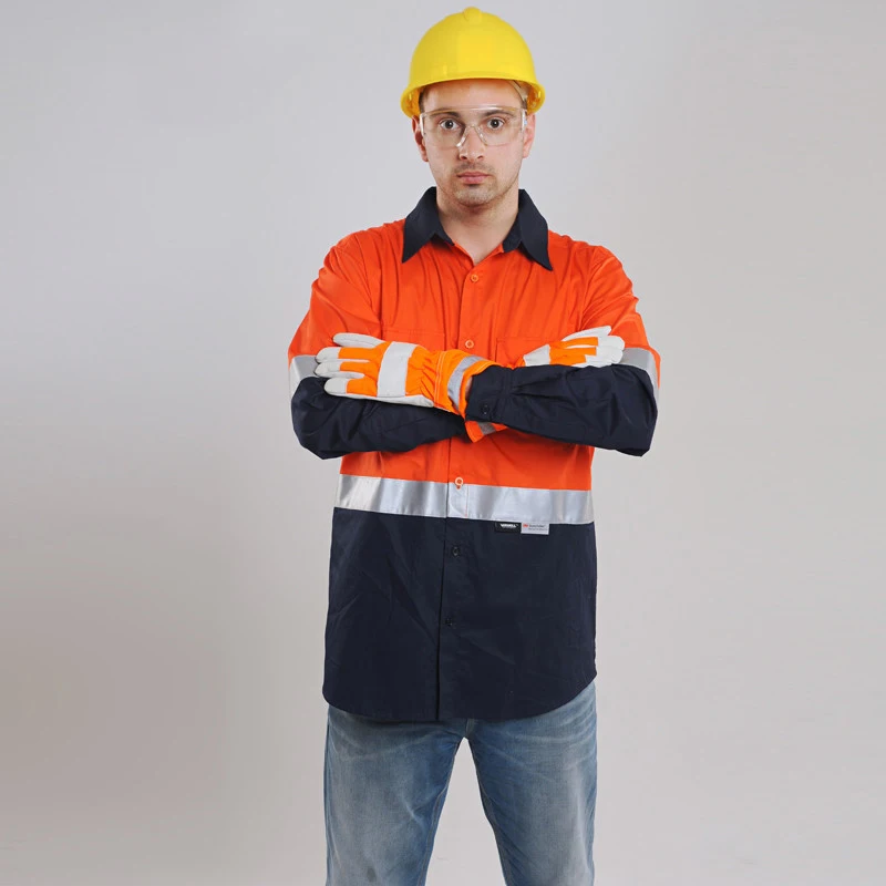 Two Tone Long Sleeve Safety Work shirt Reflective Workwear 100% Cotton Orange Navy Safety Shirts With Hi Vis Tapes