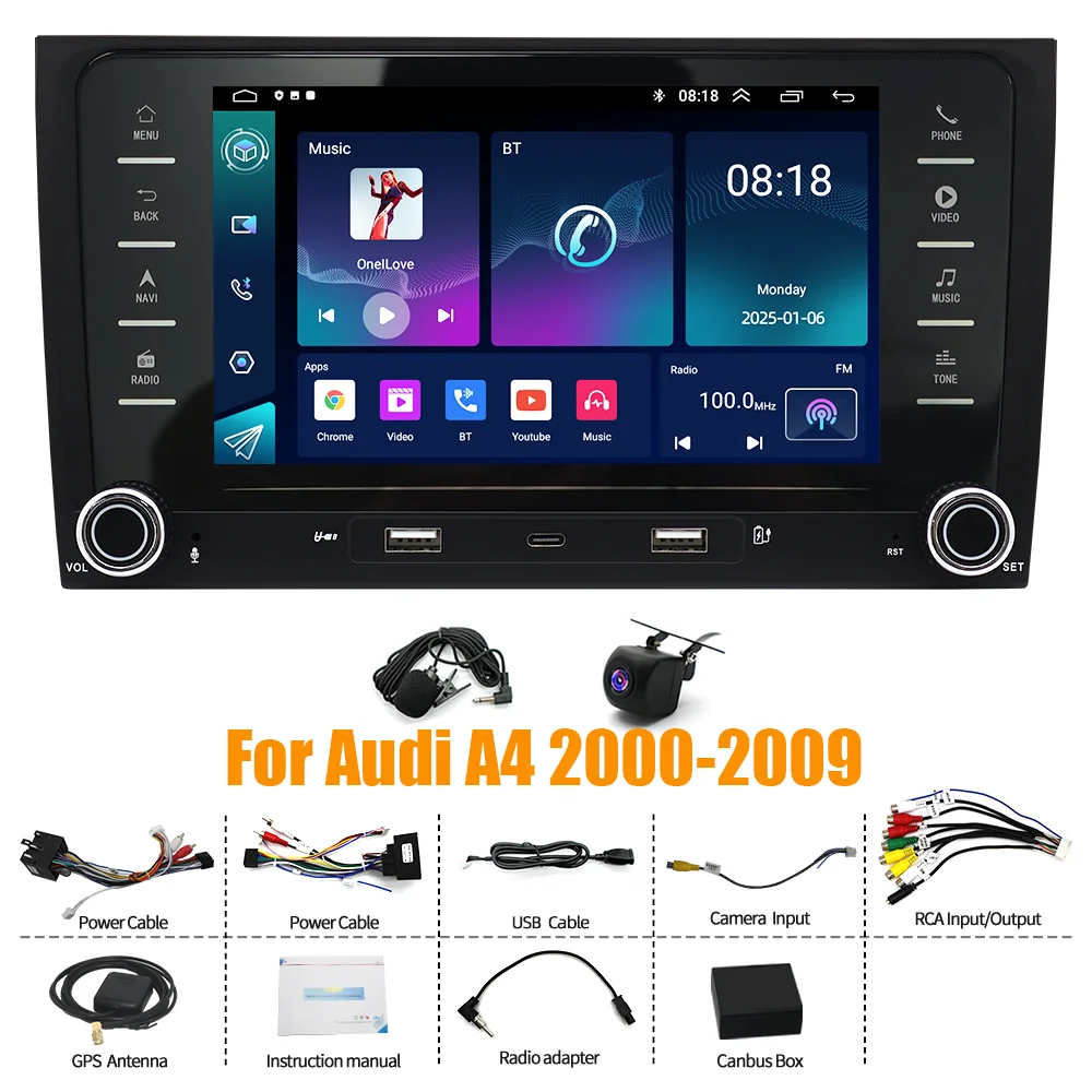 Autoradio con schermo touchscreen da 7 pollici, sistema Android 15, lettore DAB+, 2+64 GB, navigazione GPS, unità principale per Audi A4 2000-2009, compatibile con Carplay e Android Auto, SWC, FM,