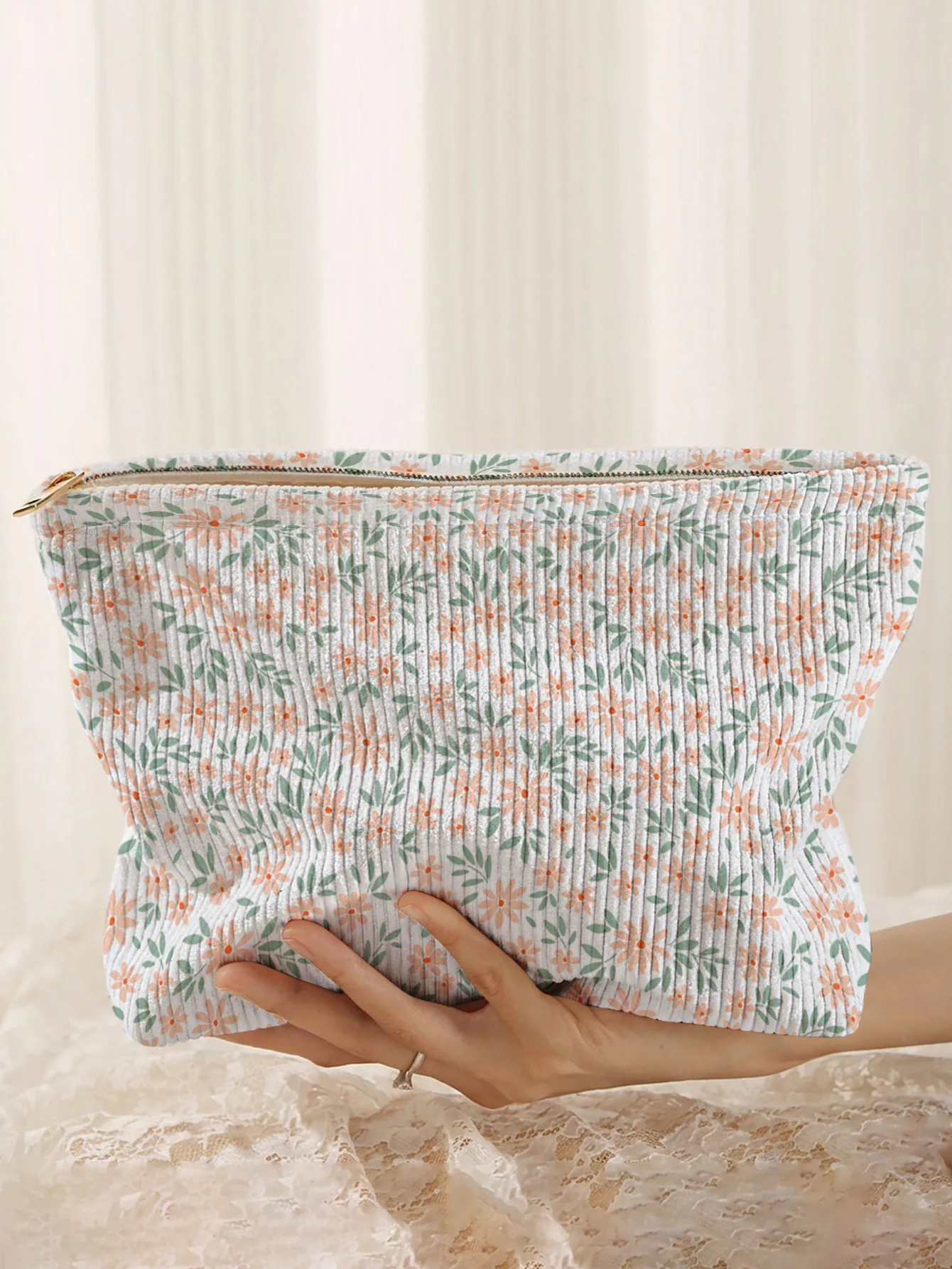 Peach small daisy floral print corduroy makeup bag, lightweight zipper pouch, multi-purpose lined cosmetic storage bag