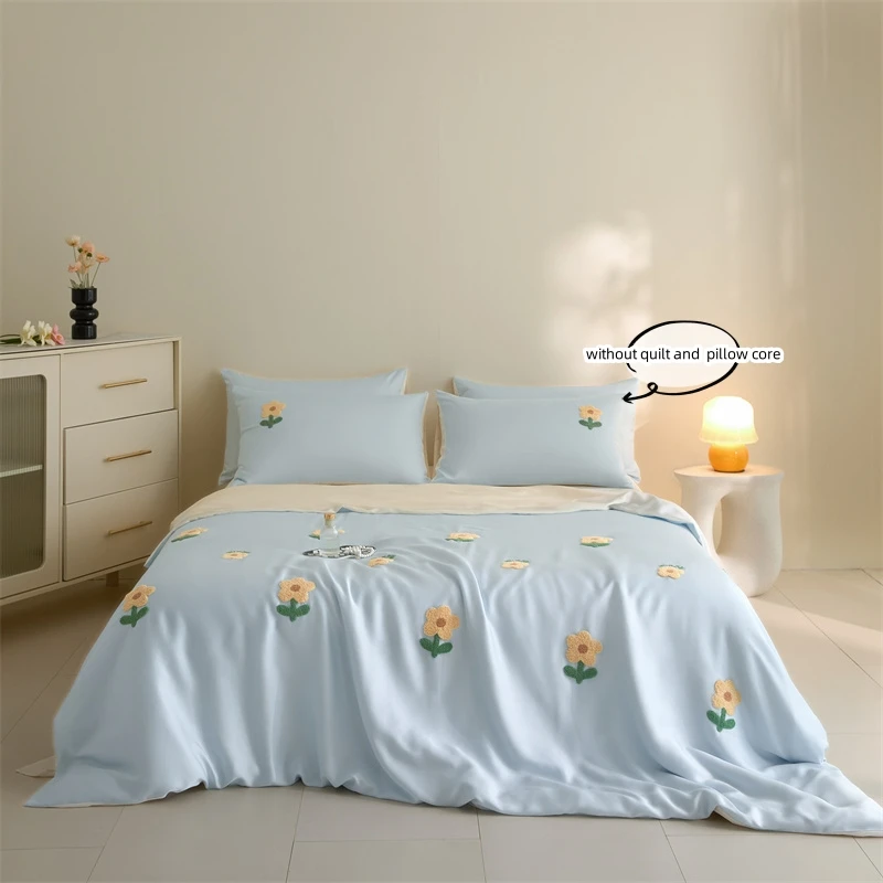set-copripiumino-blu-da-3-pezzi-1-copripiumino-2-federe-senza-imbottitura-set-biancheria-da-letto-con-ricamo-di-fiori-di-girasole-morbido-e-confortevole