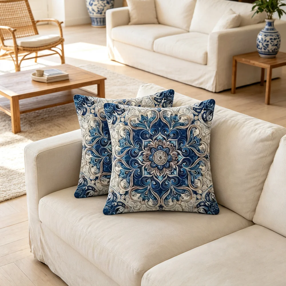 1PC Mandala Bohemian Moroccan Cushion Covers Blue Pattern Decorative Throw Pillow Cases for Sofa Living Room Home Decor