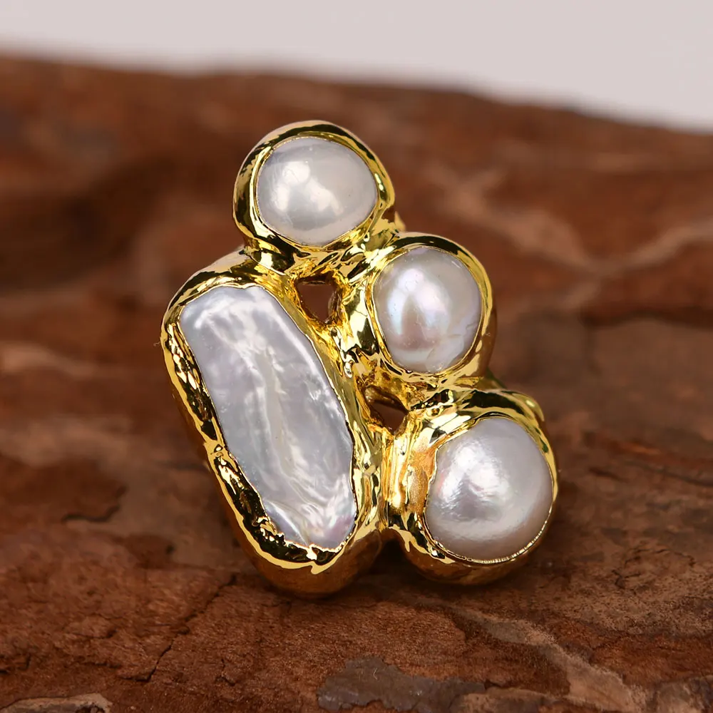 خواتم لؤلؤ بيوا كيشي بيضاء طبيعية من GG مطلية بحواف ذهبية قابلة للتعديل