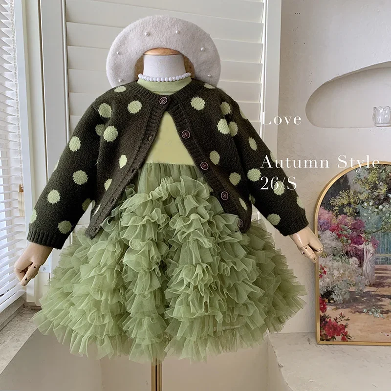Girls' Spring and Autumn New Knitted Sweater Long-Sleeve Mesh Dress Two-Piece Set