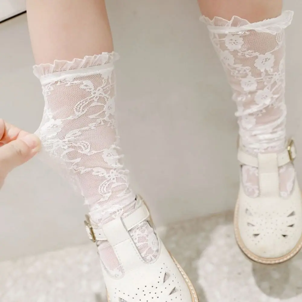 Dress Lace Girls Socks White Black Nylon Mesh Stockings Hollowed-out Lace Mesh Socks Summer