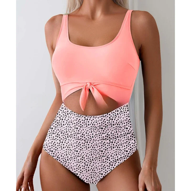 Patchwork Printing Swimwear Women Bandage Hollow Out High Waist One Piece Swimsuit 2025 New Vacation Beach Female Bathing Suit