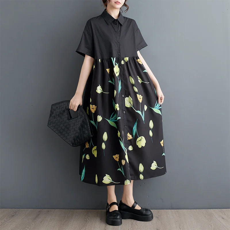 Summer New Floral Printed A-line Dress Short Sleeve Vintage Front Buttons Shirt Dresses Turn-down Collar Female Vestidos