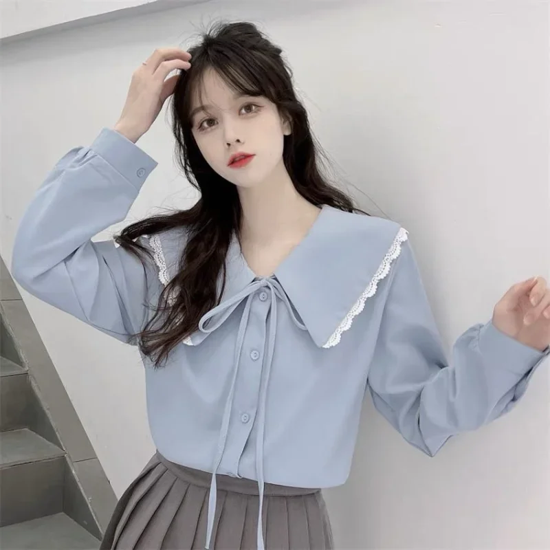 Spring Autumn New Sweet Bow Lacing White Shirt Tops Long Sleeve Solid Color Loose Blouse Fashion Korean Casual Women Clothing