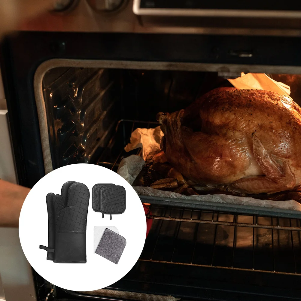 

Gloves Oven Set for Heat Protection Resistant Cooking Proof Chargeable Anti-scalding Heat-resistant Black Kitchen Work