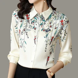 New Vintage Long Sleeve Satin Silk Shirts Women Fashion Floral Print Blouse Women 2024 Elegant Ladies Tops Clothes Blusa Mujer