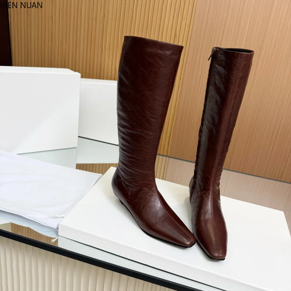 Black square-toe long boots for women - winter low-heeled knight boots, pile boots, tall boots