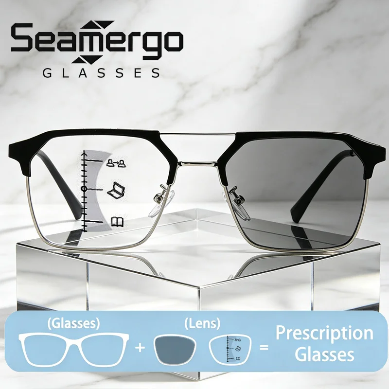 SEAMERGO 1.56/1.61 Index Photochromic Prescription Glasses Anti-UV Customized Multifocal Reading Glasses Men Women Presbyopia