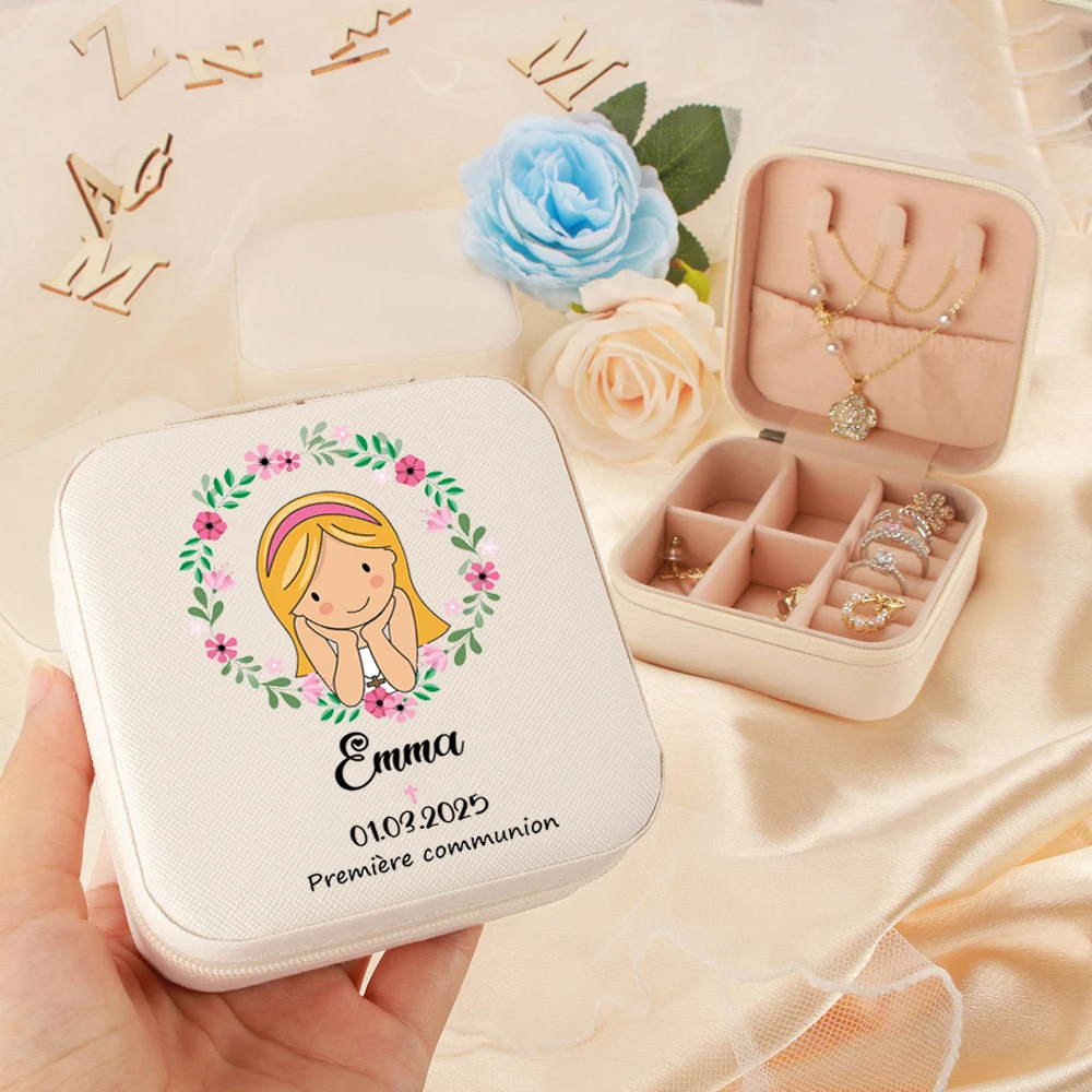 Personalized Jewelry Box Custom Name Girls First Holy Communion Party Gift Ring Boxes Travel Jewellery Case Girl Communion Gifts