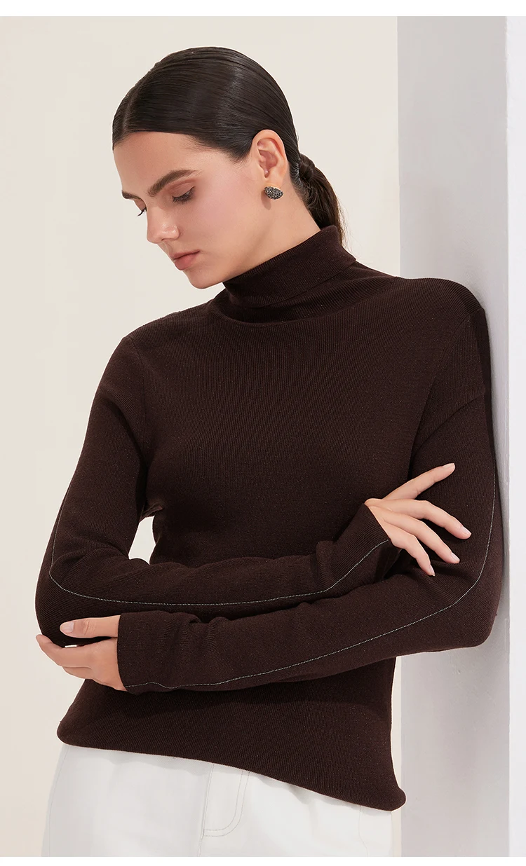 BY3521215 Premium Wollstrickpullover für Damen, eleganter Rollkragenpullover, einfarbig brauner Pullover, schickes, schmales Basic-Top für Bürodamen – Detail 3