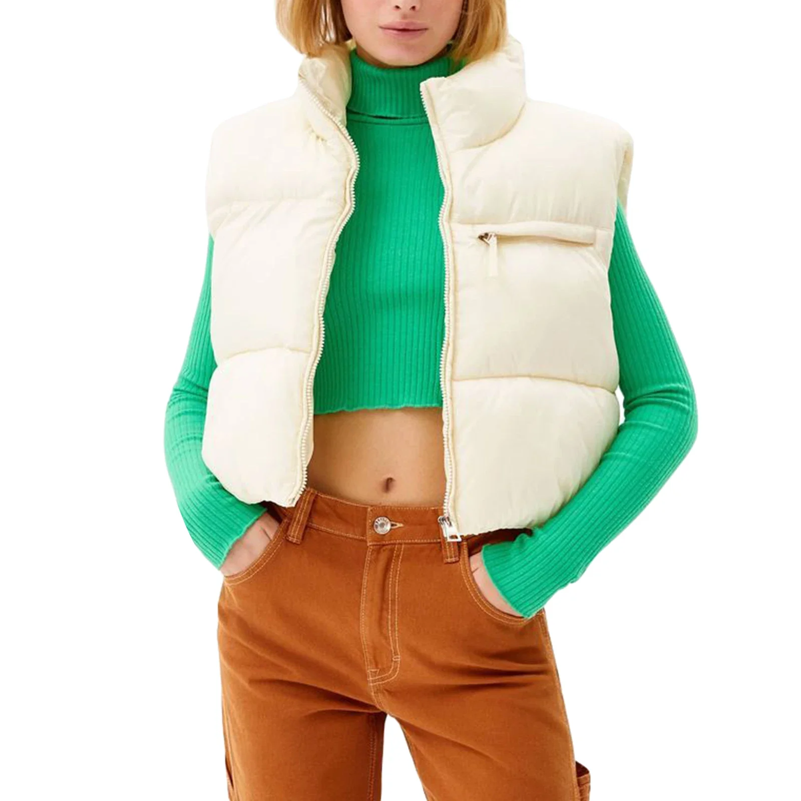 Women Cropped Puffer Vest Warm Solid Color Lightweight Sleeveless Zipper Down Jacket for Winter Outwear Streetwear