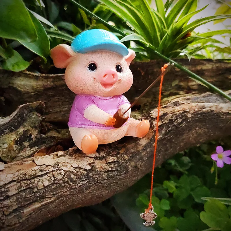 Creative Ancient Method Little Pig Fishing Decoration Ornament Garden Pond Water Absorbing Stone Rockery Water Flow Device Aquar