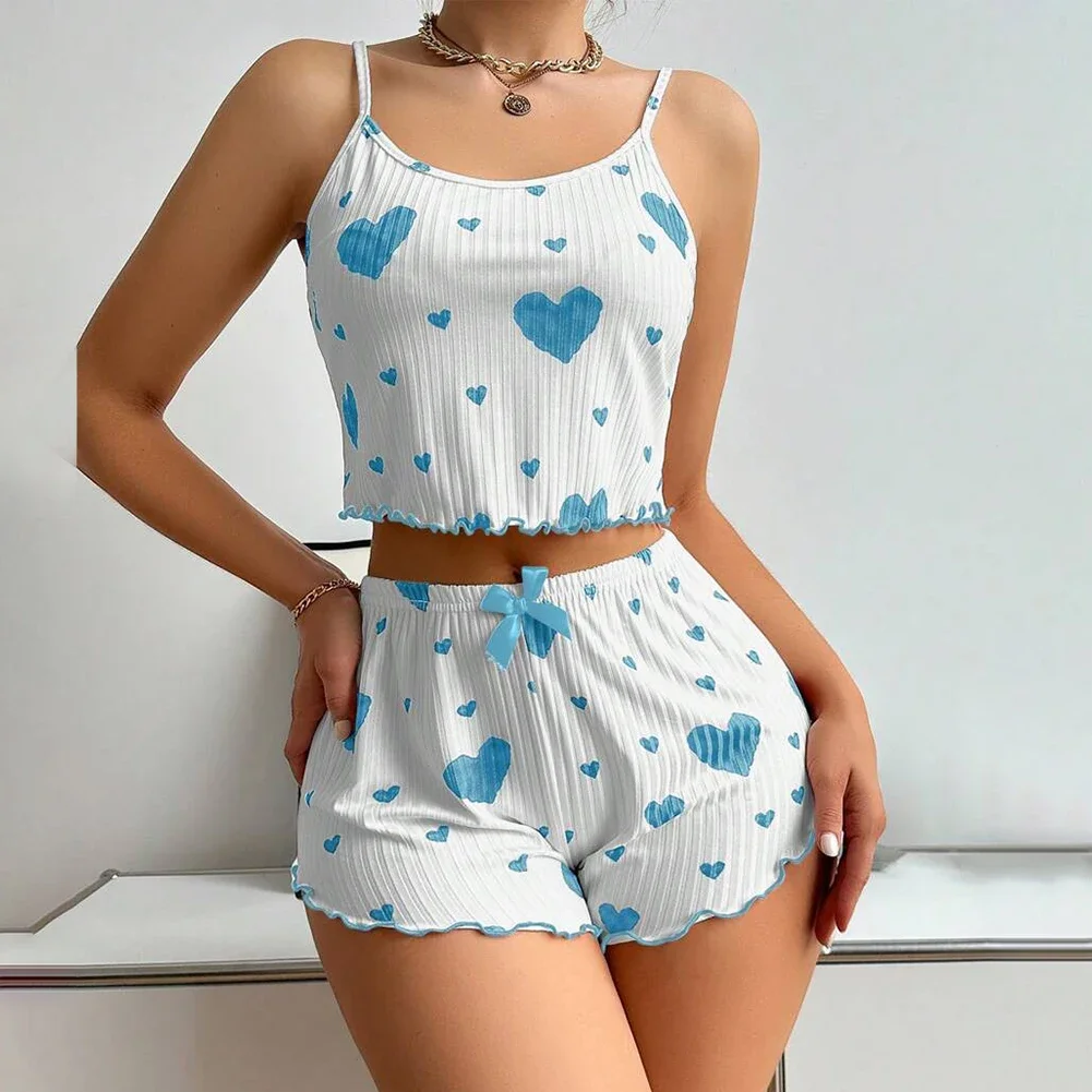 Damen Hosenträger Pyjama Set Sommer ärmellose Top Shorts Nachtwäsche 2 Stück Set für Frauen Homewear Casual Heart Print Anzug