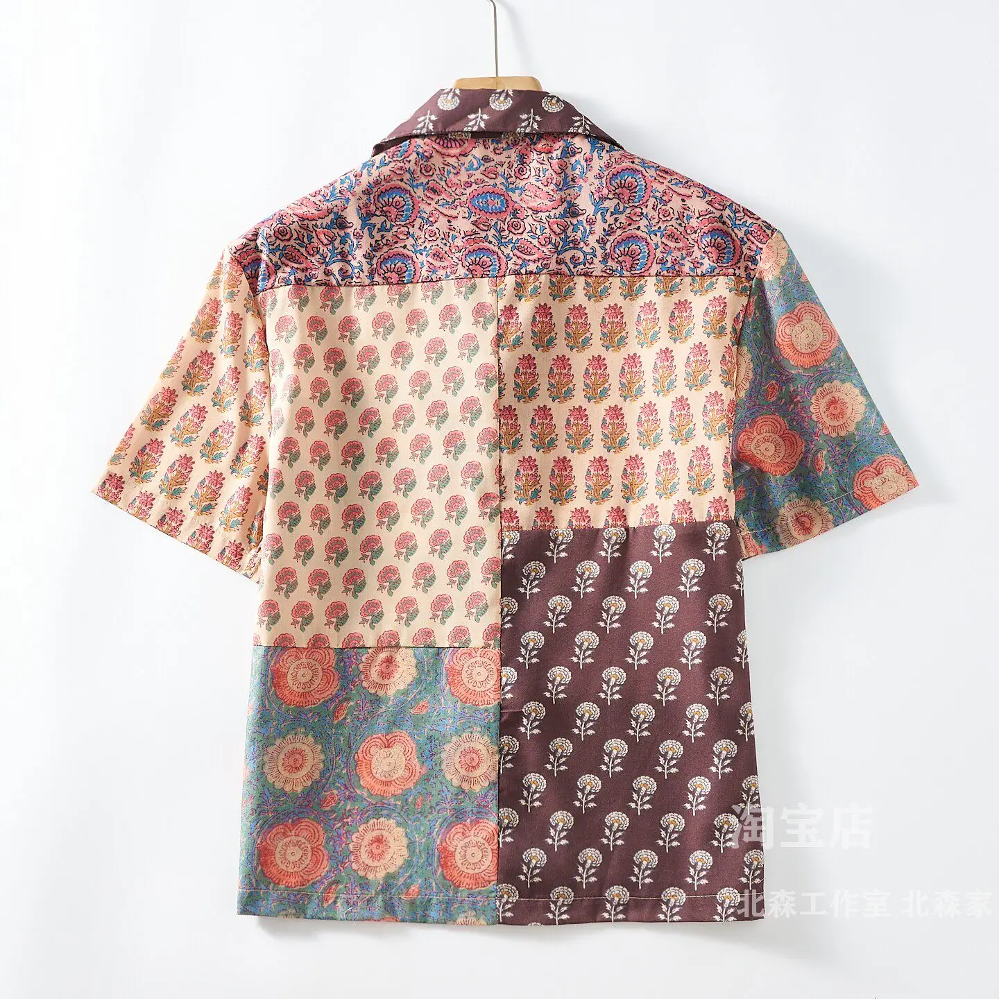Summer New American Retro Short Sleeve Cuban Collar Personalized Patchwork Floral Print Shirt Men's Fashion Loose Casual Blouses