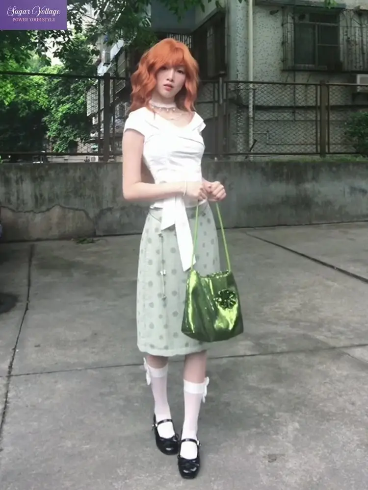 

Japanese Vintage Coquette 2 Piece Set Women Polka Dot Midi Skirt Bow Crop Top Slim Fit New Streetwear Preppy Casual Outfits