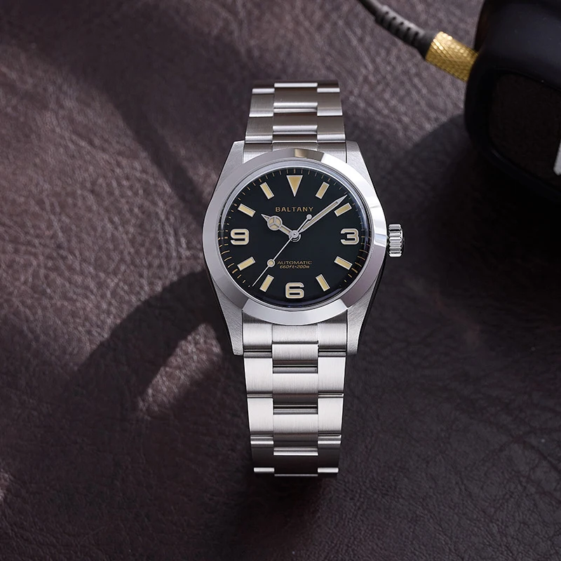 Baltany Vintage Explorer Homage Wristwatches 36mm NH38 Sapphire Luminous 20ATM Brushed Bracelect Stainless Steel Dress Watch