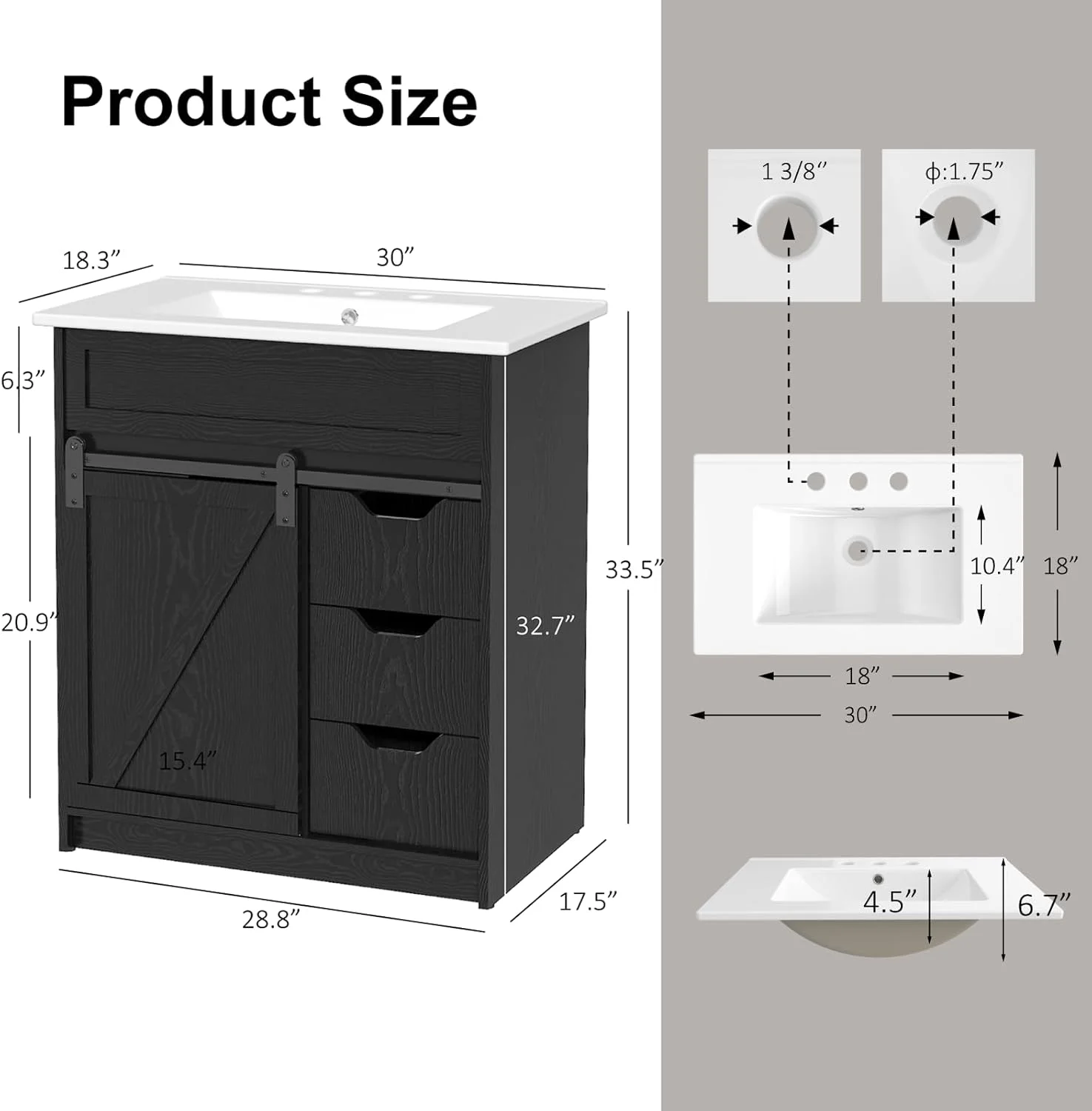 30' Classic Bathroom Vanity with Sink, Freestanding Vanity with 3 Drawers, Sliding Shelf Organizer, Barn Door with Metal Track, White/Black