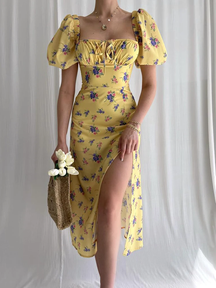 

FIGOHR Summer Women's Pastoral Style Floral Print Square Neck Puff-Sleeve Mid Dress Female Sexy High Rise Side Slit Dress