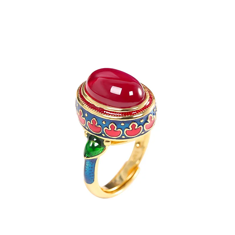 Amxiu  100% 925 Sterling Silver Enamel Color Red Corundum Ethnic Flavor  Ring Handmade Adjustable Ring Ring