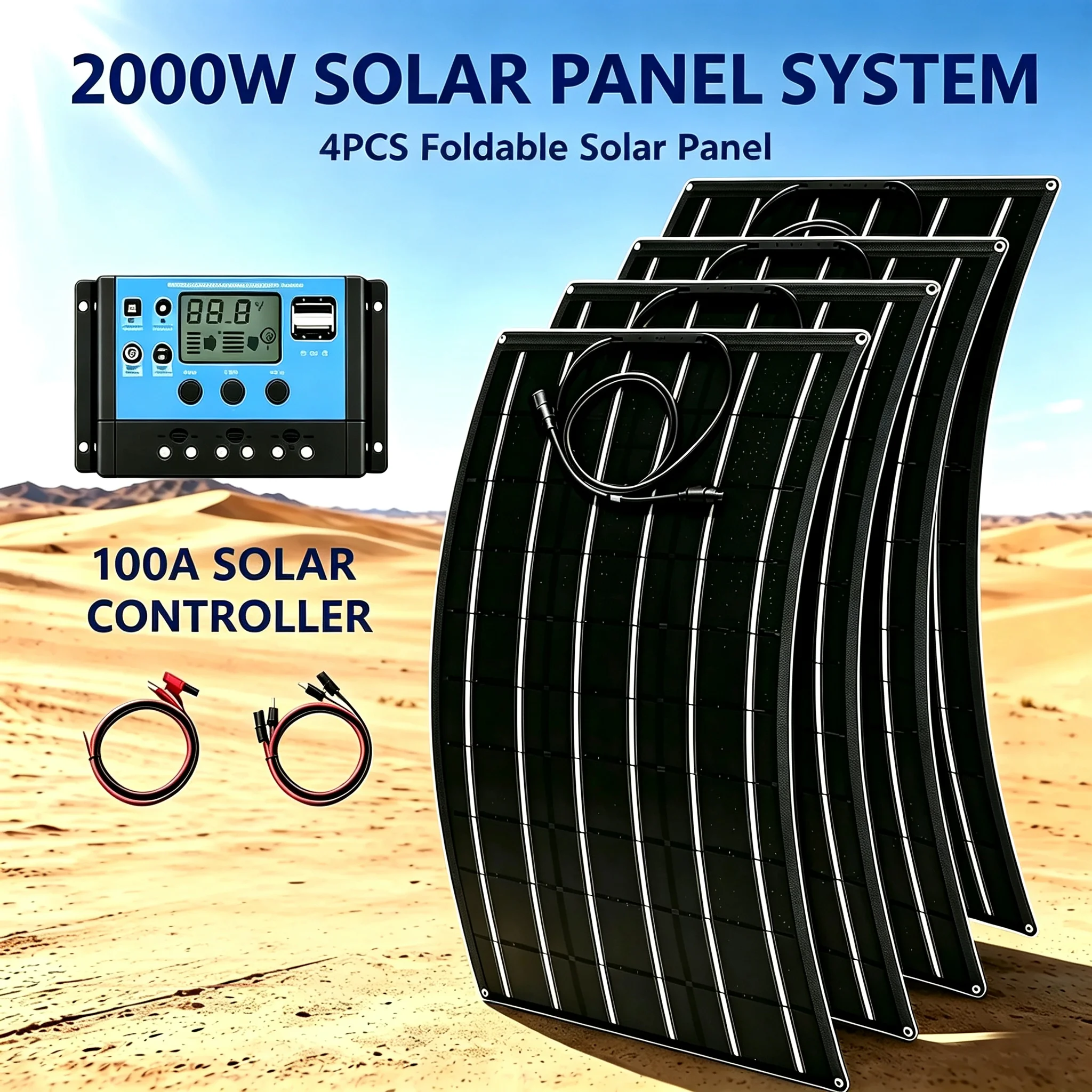 2000W Flexible Solar Panel System 4PCS with 100A Solar Charge Controller, Off Grid Solar Power Kit for RV Camper Boat Home Outdo