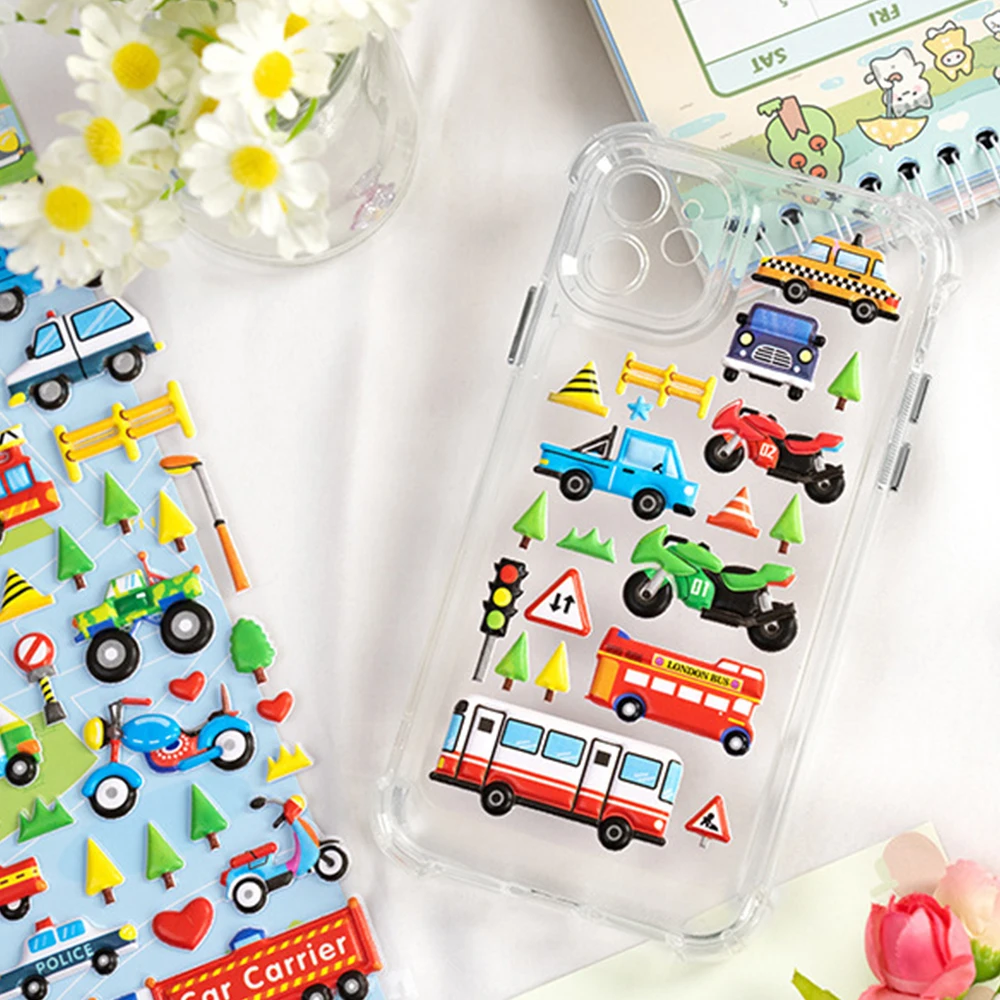 6 Arkuszy Naklejek 3D z Bąbelkami Samochód Ciężarówka Dinozaury Zwierzęta Morskie Kreskówkowe Naklejki Wodoodporne Zabawne Edukacyjne Naklejki Zabawki dla Dzieci