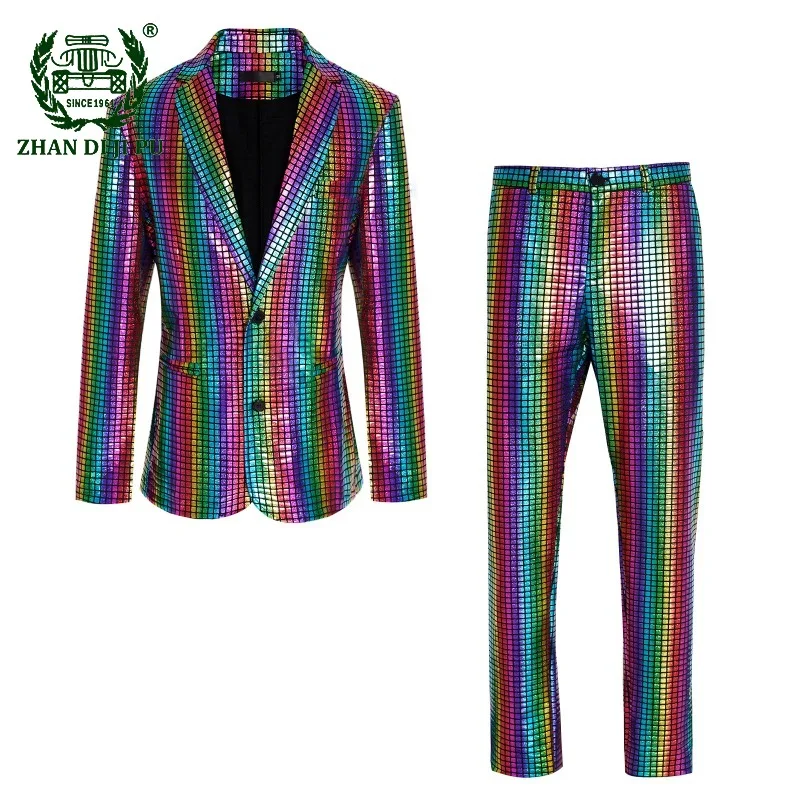 

Shiny Green Metallic Sequins Suits for Men Blazer with Pants Set Two-Piece Set Outfit 70s Disco Nightclub Prom Costume Homme 4XL