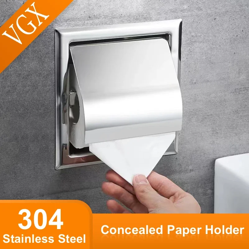 VGX Embedded Toilet Paper Holder Concealed Roll Tissue Box 304 Stainless Steel Wall Mount Bathroom Accessories Matt Black Polish