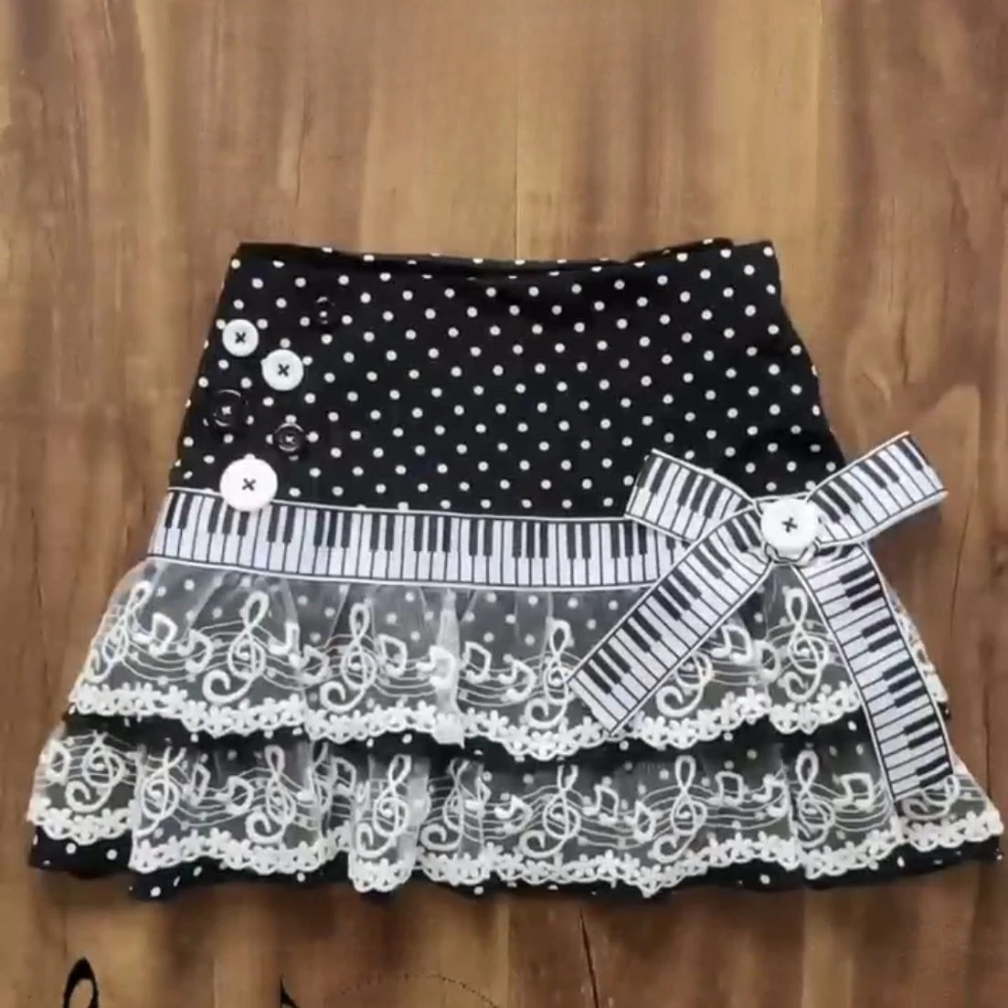 Japanese Sweet Cute Korean Fashion Popular Skirts Y2K Gothic Pleated Mini Skirt Women Lace Bow Polka Dot Piano Key Music Note
