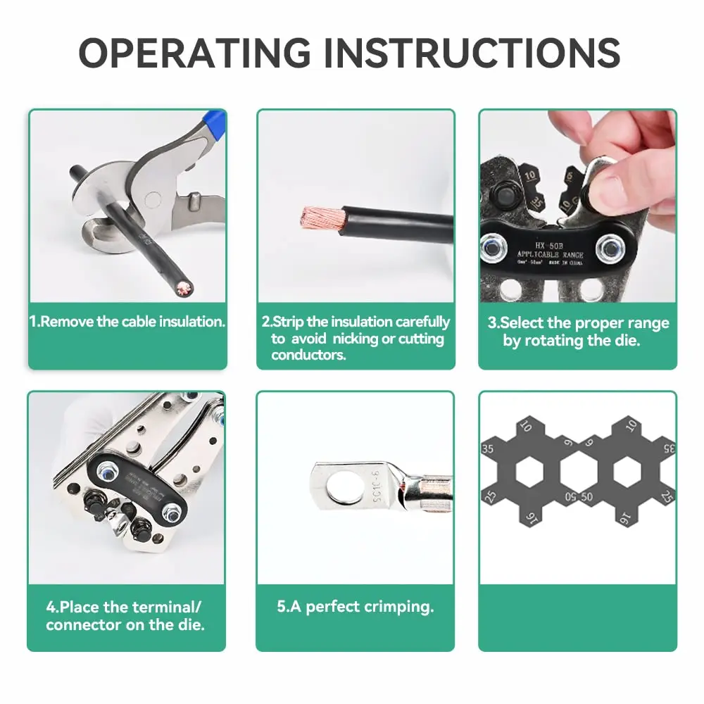 Battery Cable Lug Crimping Tool 10-1 AWG with 60pcs 8 Sizes Copper Lugs Heavy Duty Wire Crimper for Battery Wire Ring Terminals